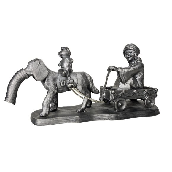 Vintage Michael Ricker 1984 Pewter Figurine Boy Riding dog Elephant Pulling Wago - Picture 2 of 10